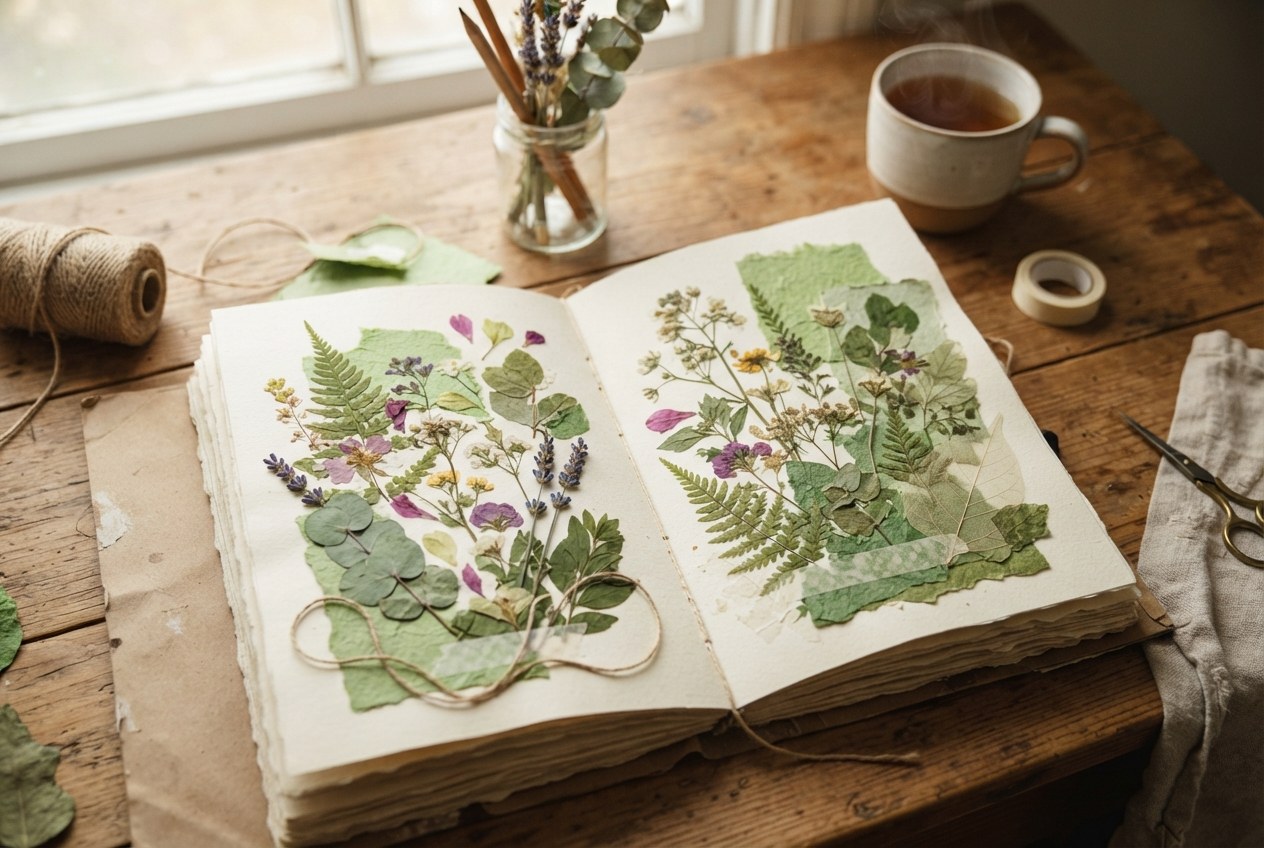 Botanik temalı kutuyla yapılan defter kolajı