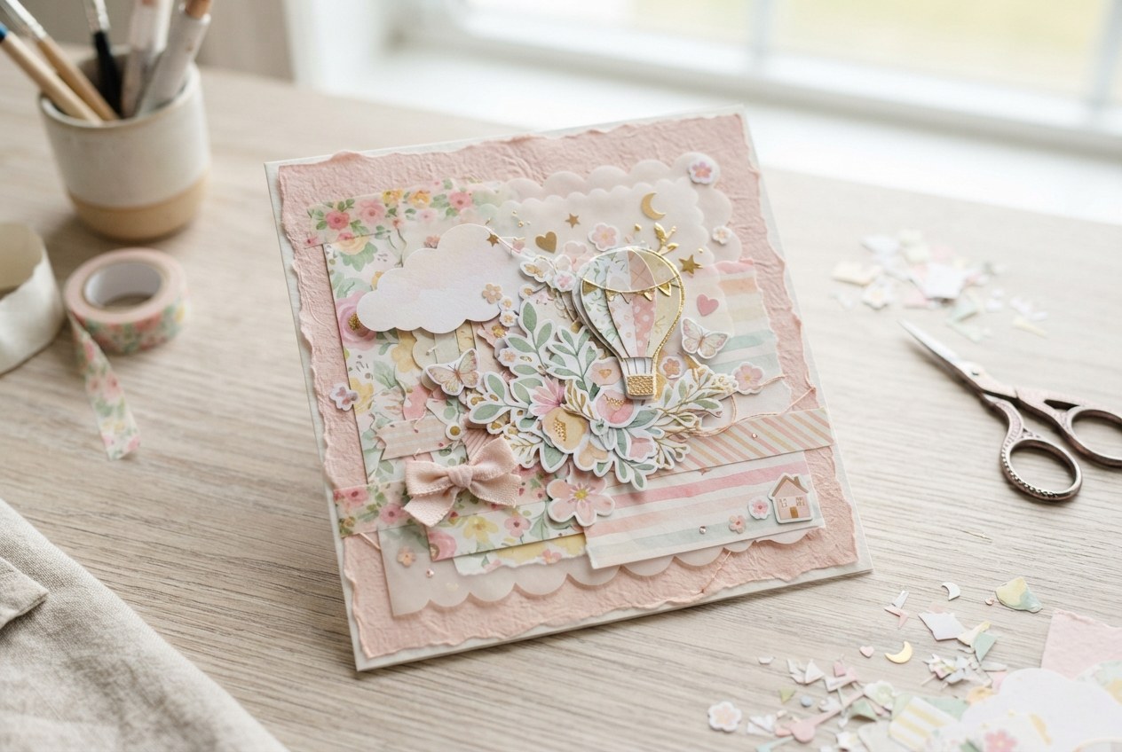 Pastel temalı malzemelerle hazırlanmış kart kolajı